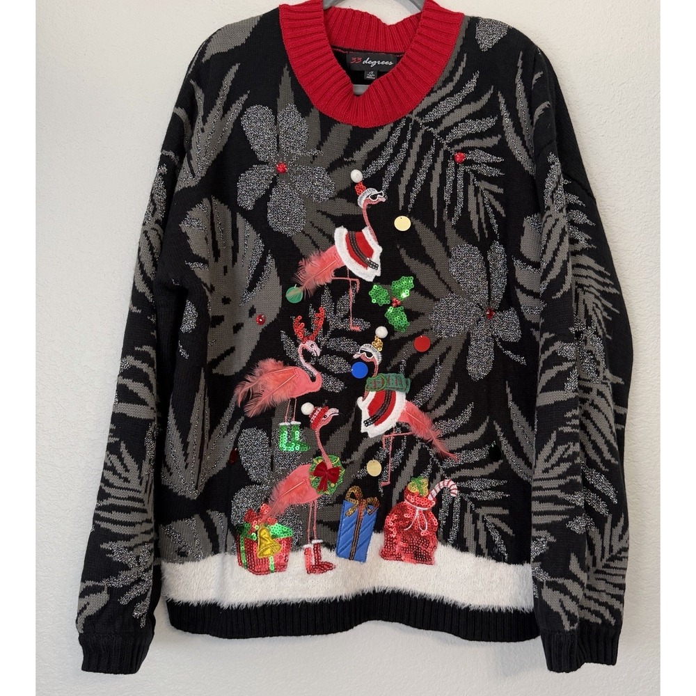 33 Degrees Flamingo Ugly Christmas Sweater Womens 1X Tropical Holiday Sequin